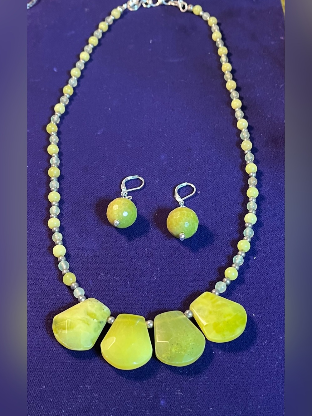 Artisan made Yellow Green Jade Beaded Statement Necklace and Earrings Set